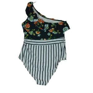 Live Life on the Beach Floral and Striped One Shoulder Ruffle Swimsuit XXL
